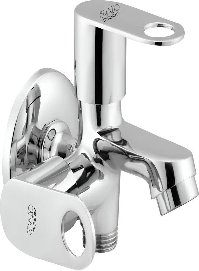 SPAZIO صنبور سبازيو أورناميكس من النحاس ثنائي الاتجاه | صنبور 2 في 1 (عبوة من قطعة واحدة) للحمام والمطبخ، مطلي بالكروم والفضة، صمام مزدوج الكوع (نوع التثبيت على الحائط) - Image 1